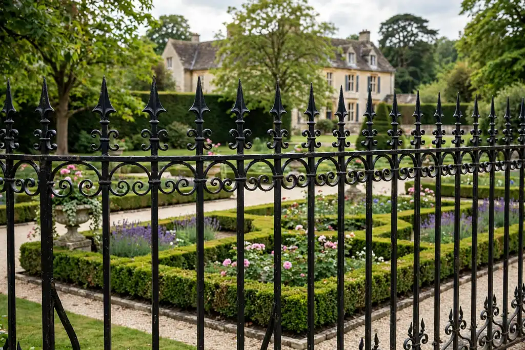 Decorative black iron fence with spear tops in a formal front garden.