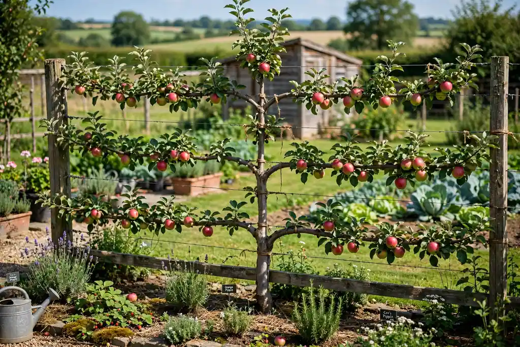 Espalier apple trees trained flat along wires on a sunny garden fence.