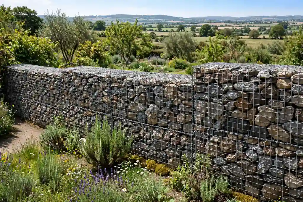 Gabion stone baskets forming a sturdy garden fence wall in daylight.