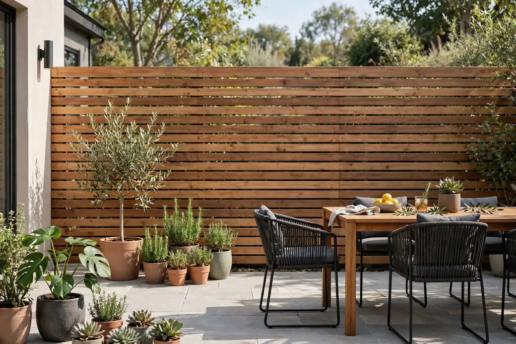 Modern horizontal slat wooden fence beside a patio with pots in daylight.