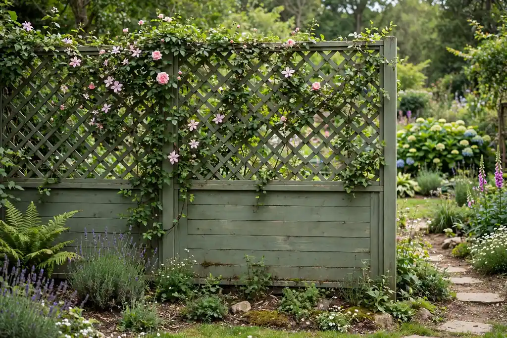 Garden fence with a solid lower section and an open lattice top with climbers.