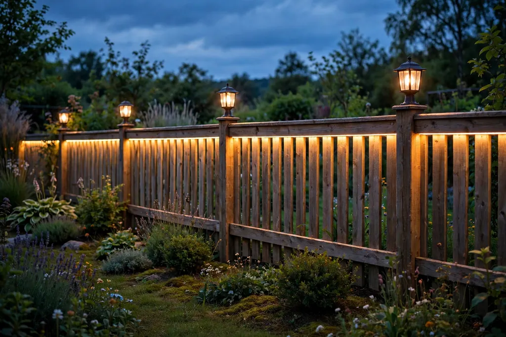 Garden fence with warm lights on post caps and under a cap rail at dusk.