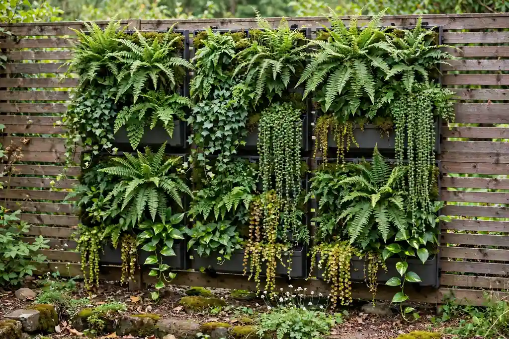 Living wall panels with ferns and trailing plants fixed to a garden fence.