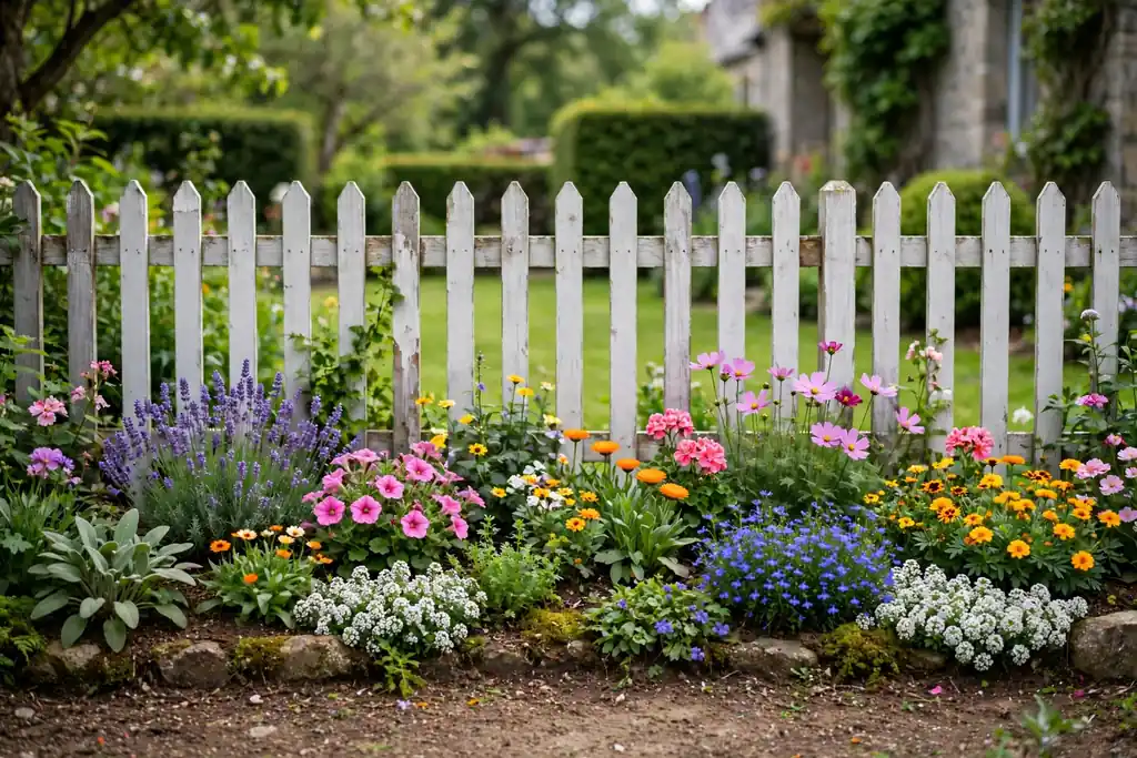 Low front garden fence with a colorful planting border in front of it.