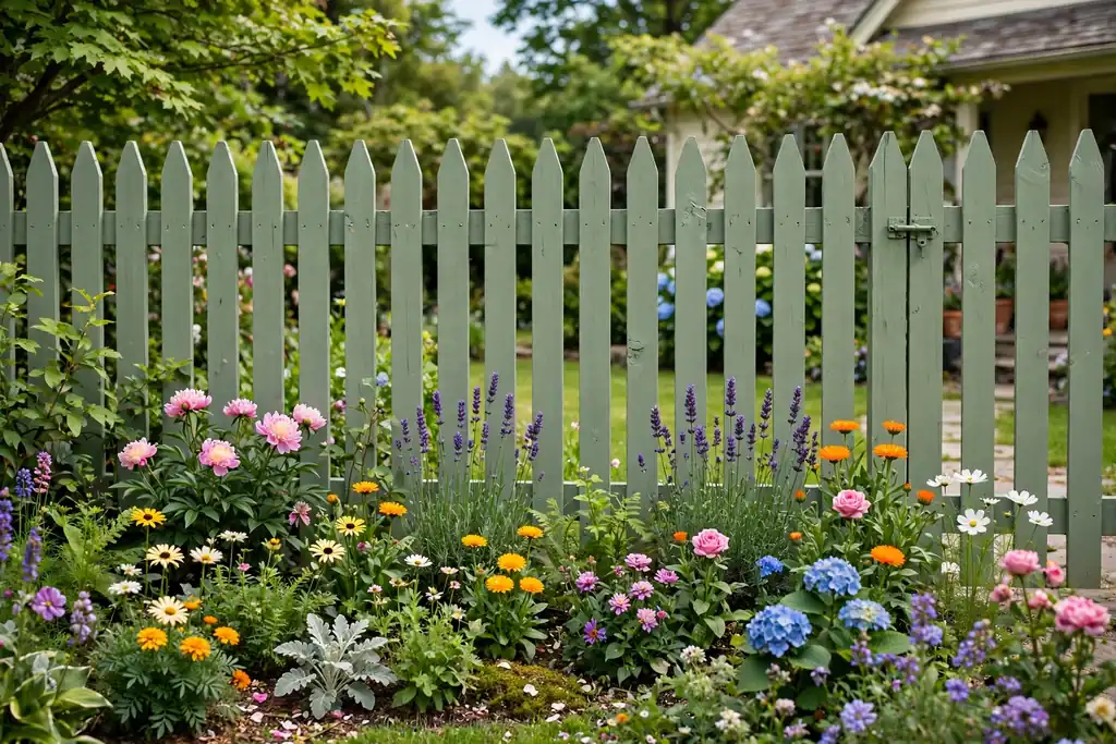 Sage green painted picket fence in a front garden with colorful flowers.