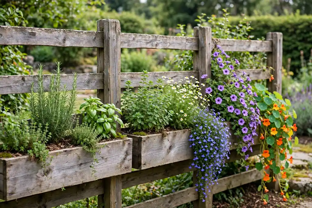Garden fence with built in planter boxes filled with herbs and trailing flowers.