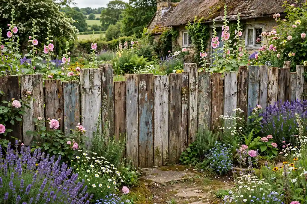 Reclaimed wood fence with varied weathered boards in a cottage garden.