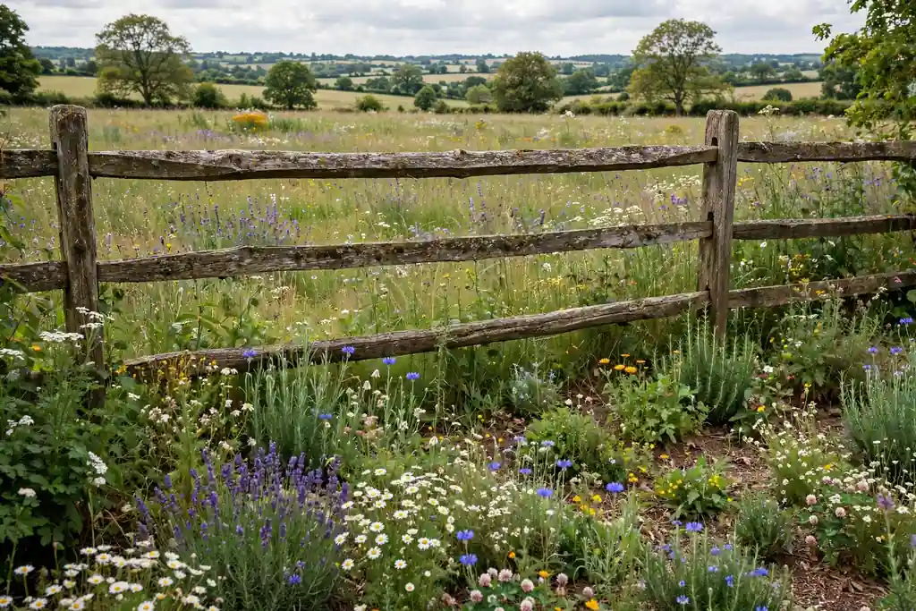 Rustic split rail wooden fence across a country garden meadow edge.
