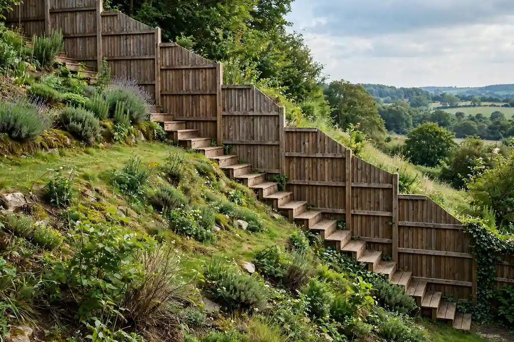 Stepped wooden fence panels following down a sloping garden boundary.
