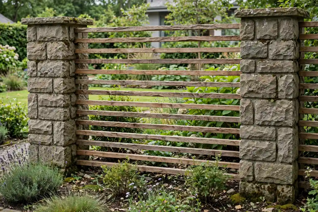 Horizontal timber slats between stone pillars in a front garden fence.