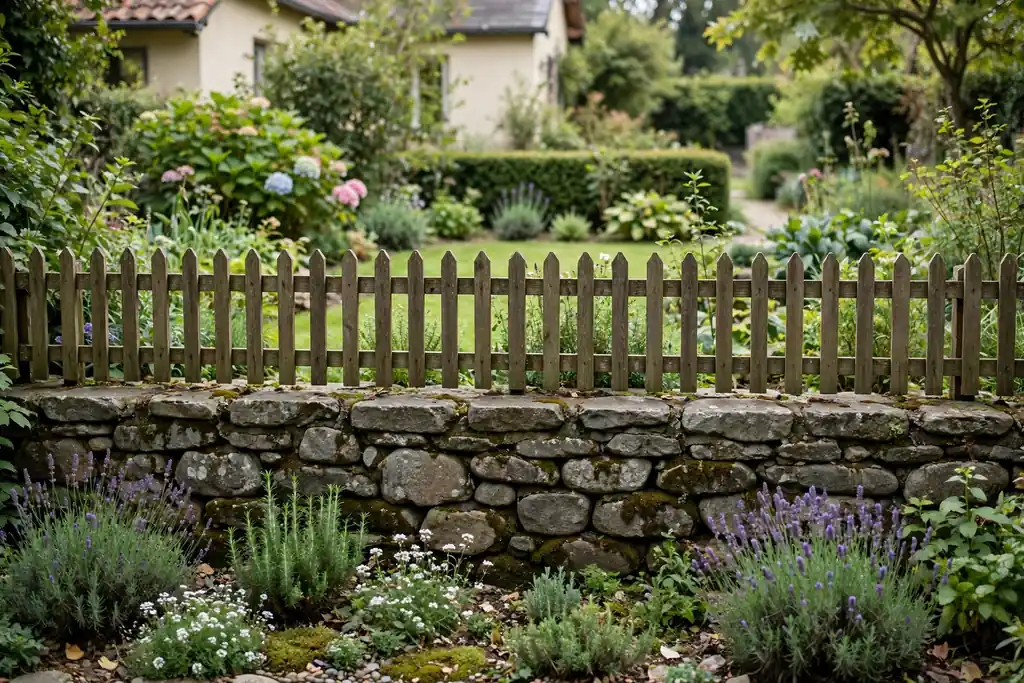 Low stone wall topped with a short wooden fence in a front garden.