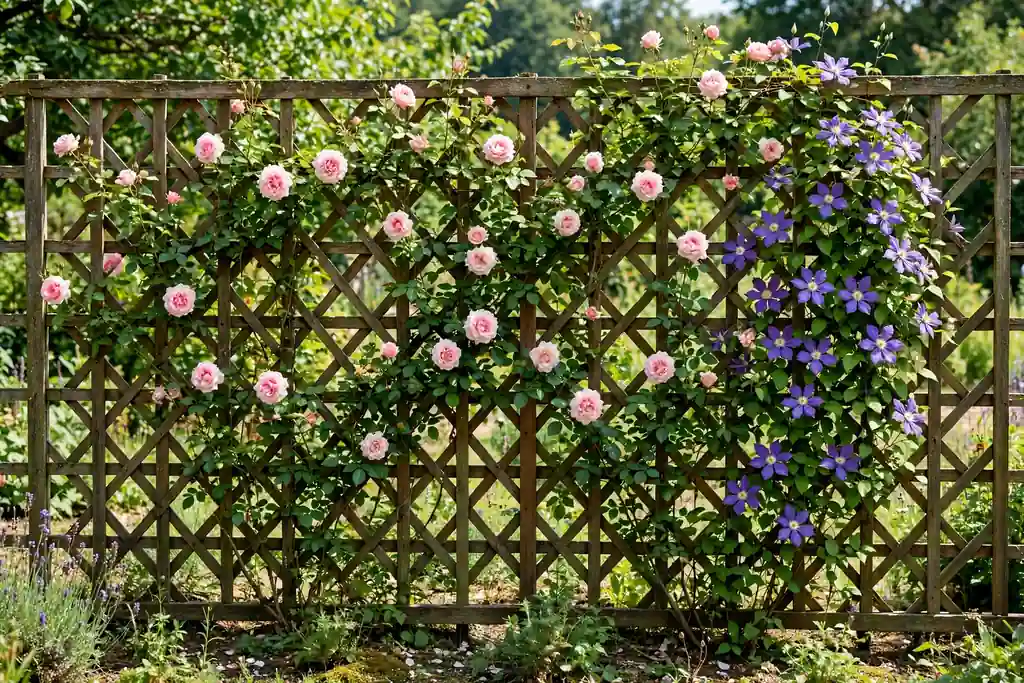Wooden trellis fence covered in climbing roses and clematis in summer.