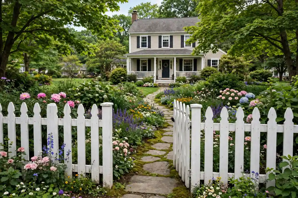 White picket fence in a front garden with flowers and a path to a house.