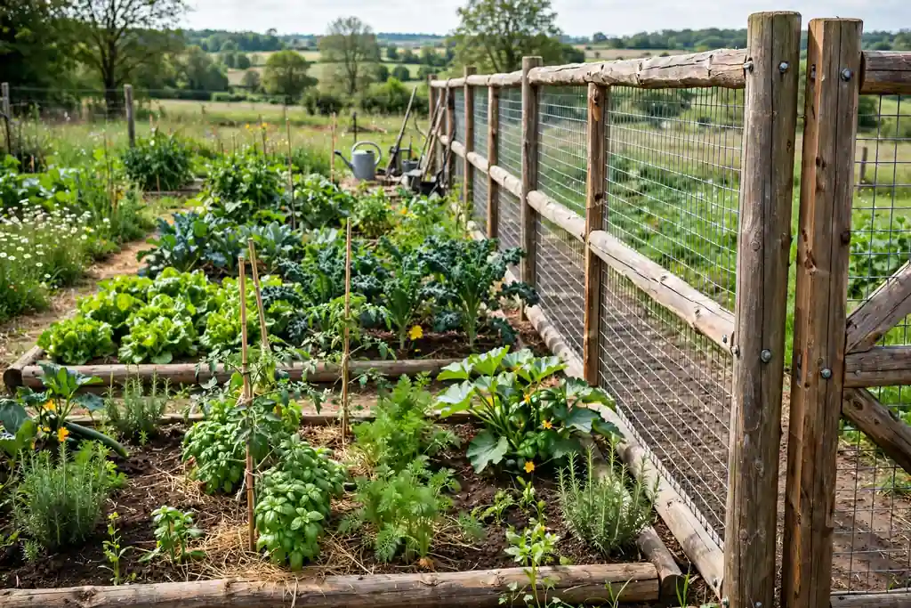 Timber framed wire mesh fence beside a vegetable garden in daylight.