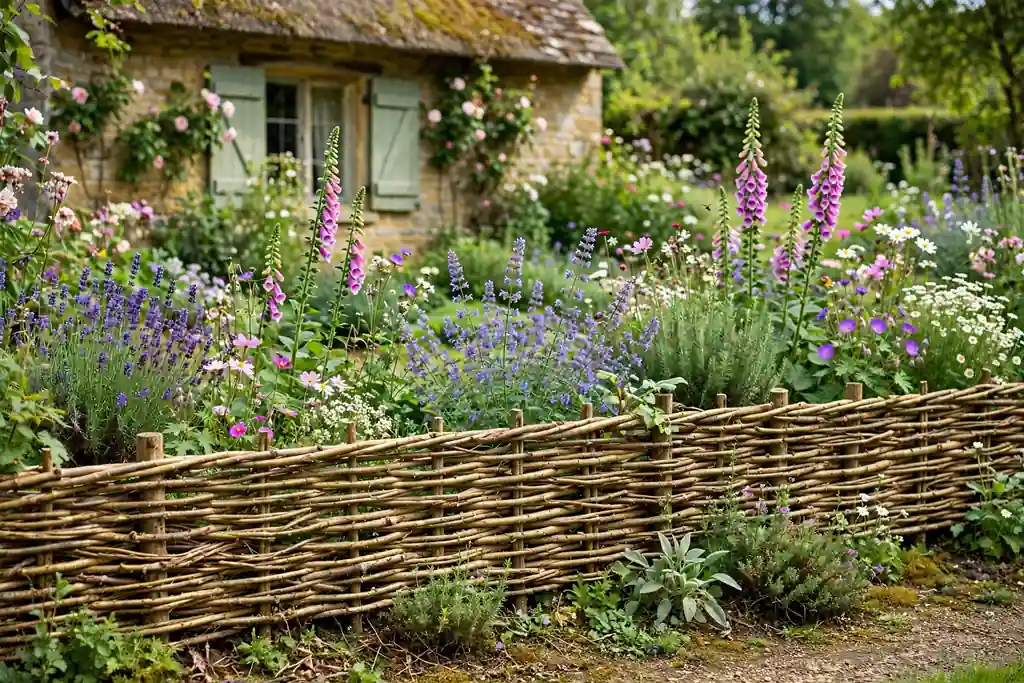 Woven willow hurdle fence edging a cottage garden border in daylight.
