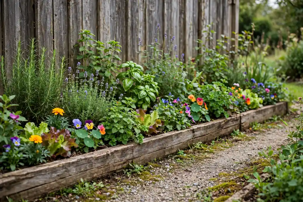 Slim raised bed along a garden fence planted with herbs, salad leaves, and colorful flowers.