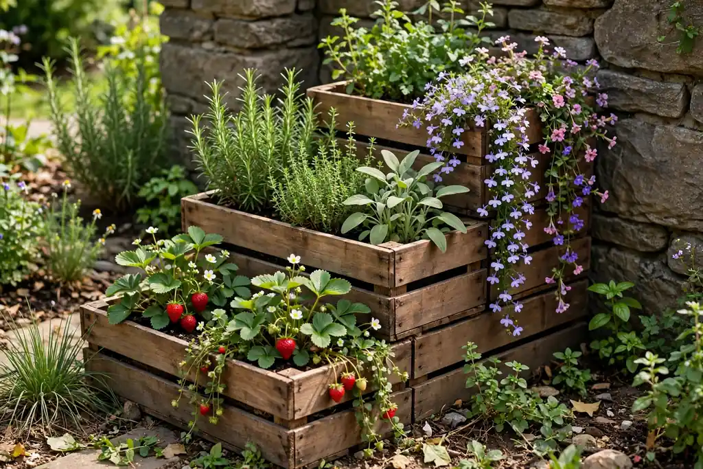 Stepped stack of wooden crates in a garden corner planted with herbs, strawberries, and trailing flowers.