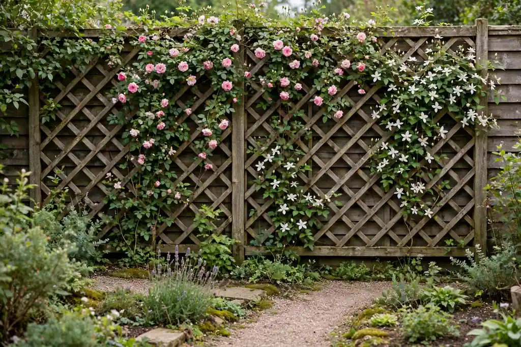 Trellis wall on a garden fence covered with flowering climbing plants.