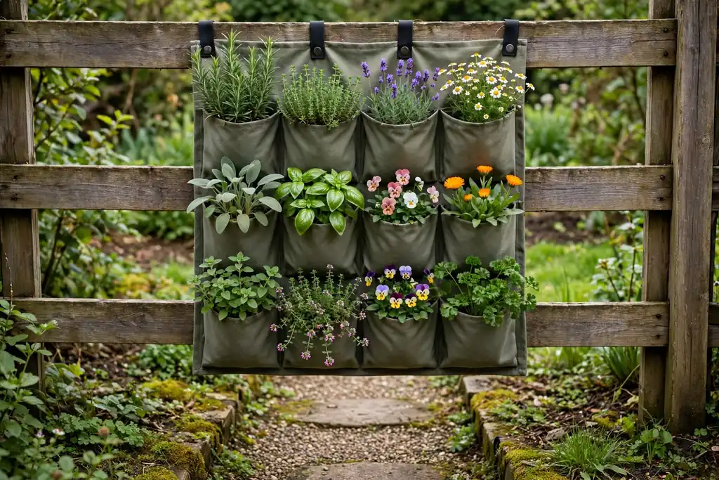 Fabric pocket planter panel hanging on a garden fence planted with herbs and small flowers.