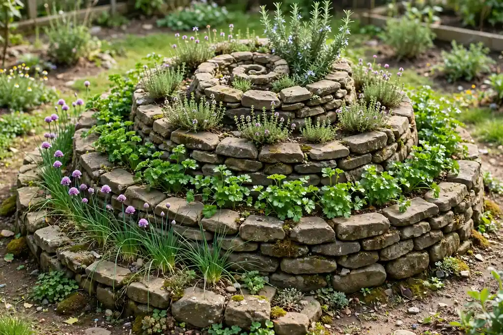 Round herb spiral built from stones in a small sunny garden plot, planted with rosemary, thyme, parsley, and chives.