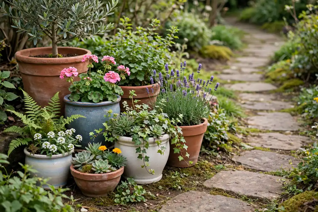 Cluster of garden containers in mixed heights filled with green plants and flowers beside a garden path.