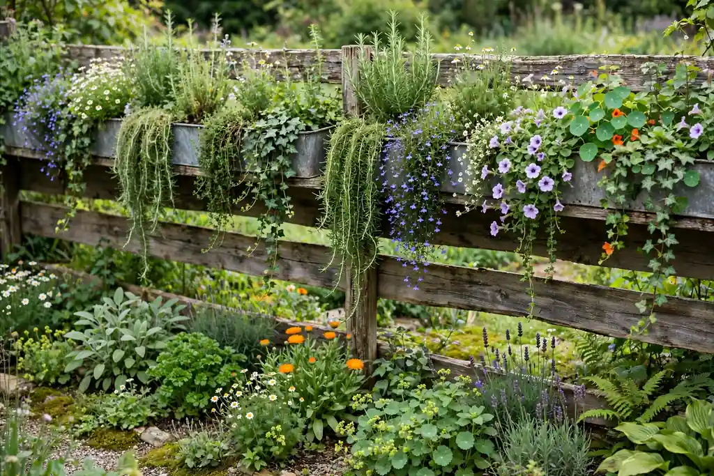 Shallow trough planters along the top of a low garden fence with trailing flowers and herbs.