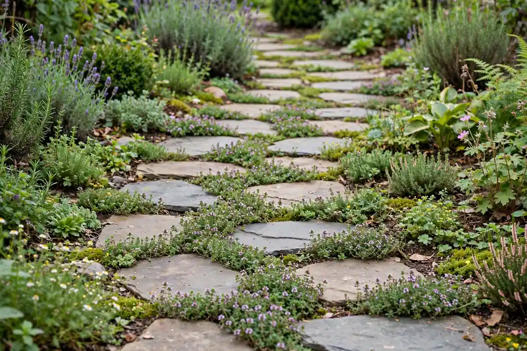 Stepping-stone path through a small garden with creeping thyme growing between the stones.