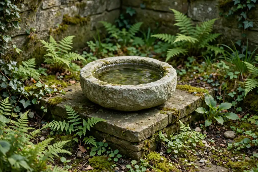 Small stone water bowl on a plinth in a garden corner surrounded by plants.