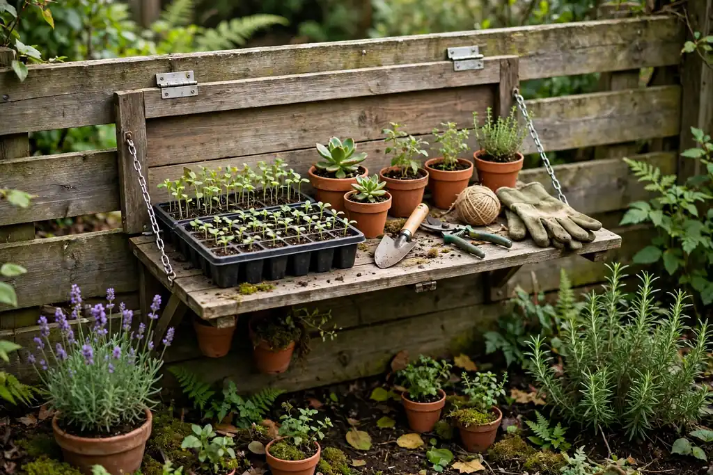 Fold-down wooden potting shelf fixed to a garden fence holding small pots, seed trays, and garden tools.