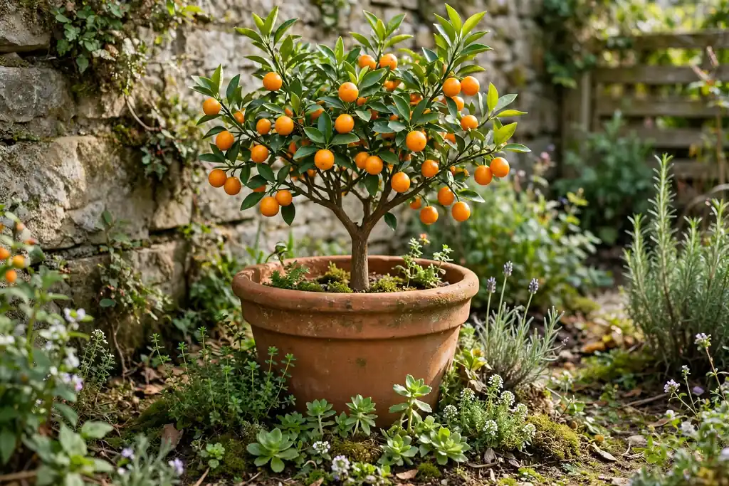 Dwarf fruit tree in a large terracotta pot in a sunny garden corner with small fruit growing.