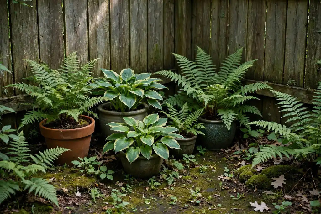 Shady garden corner with ferns and hostas in pots against a garden fence.