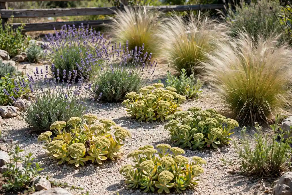 Sunny gravel garden planted with lavender, sedum, and ornamental grasses.
