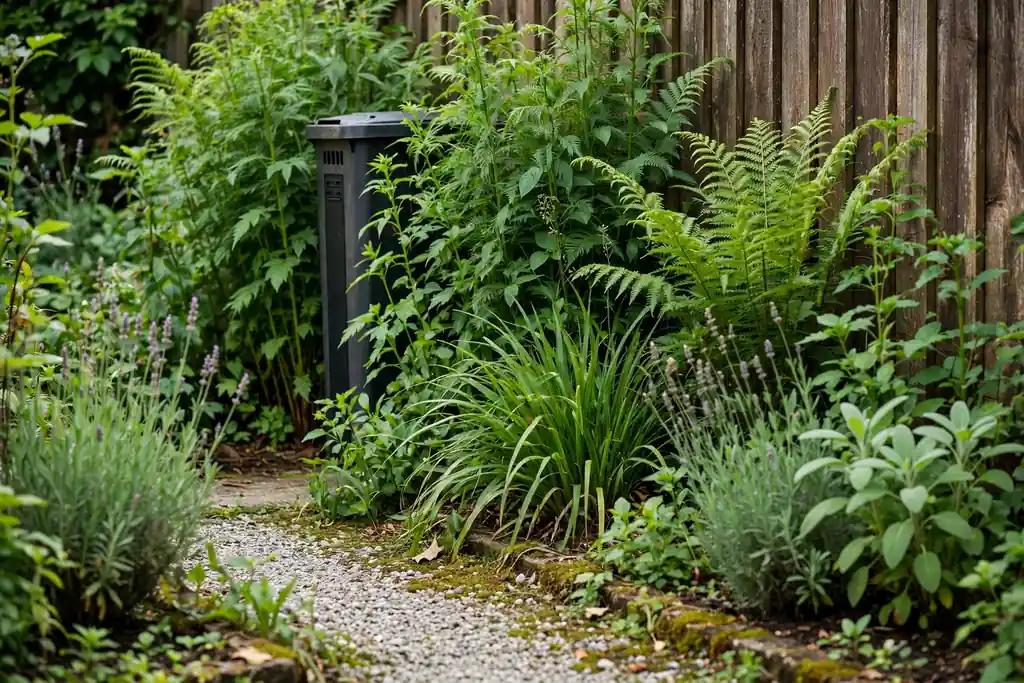 Slim compost bin tucked behind tall garden plants beside a garden fence.
