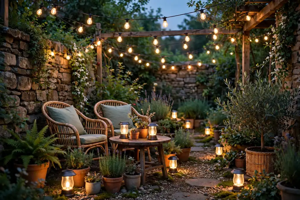 Small garden at dusk with solar lanterns and string lights glowing over a seating area.