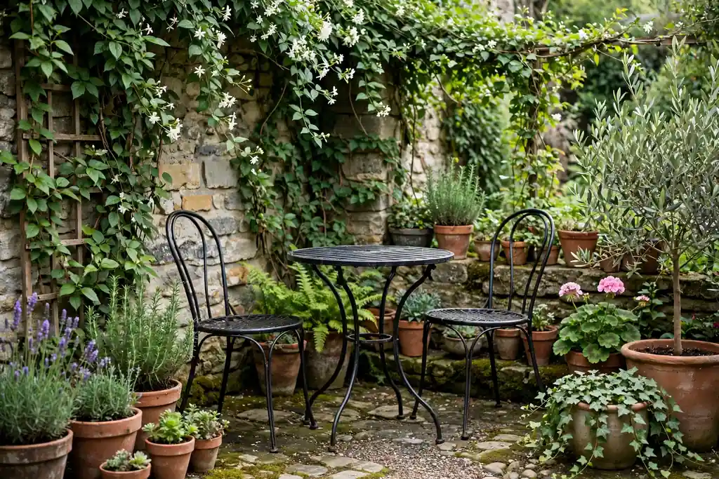 Small bistro table and two chairs in a garden nook surrounded by planted containers and climbers.