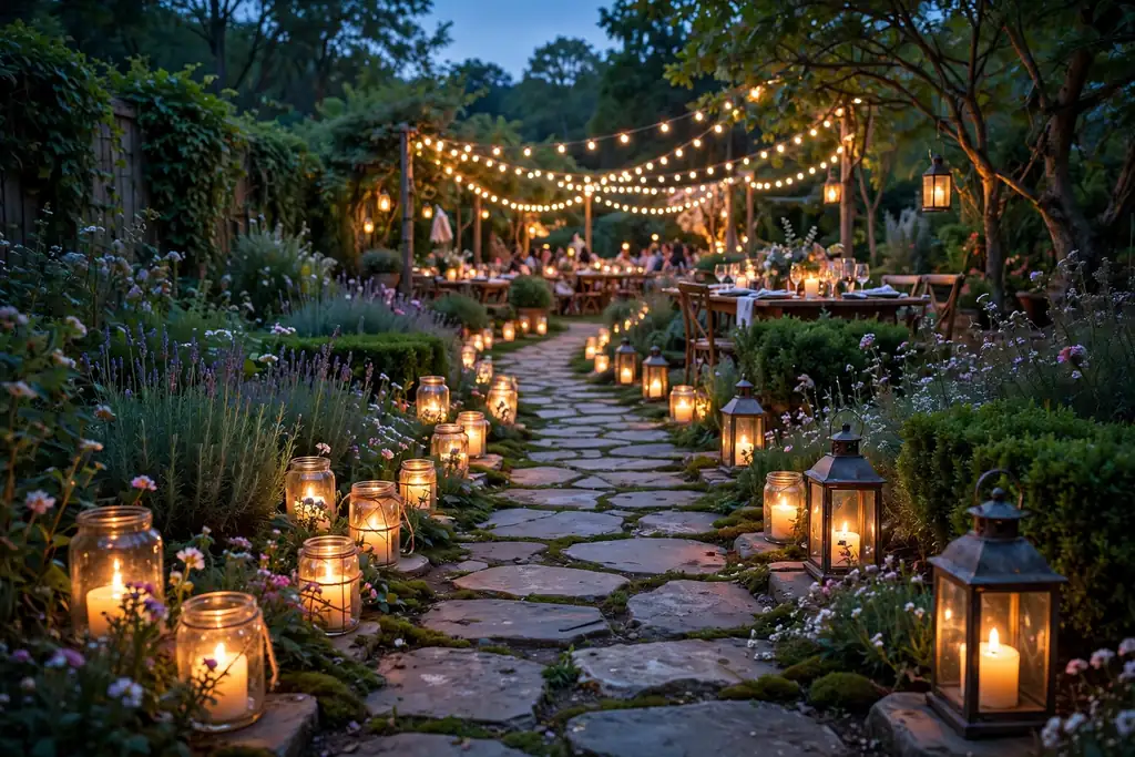 Garden path lined with glowing candle jars and lanterns at dusk.