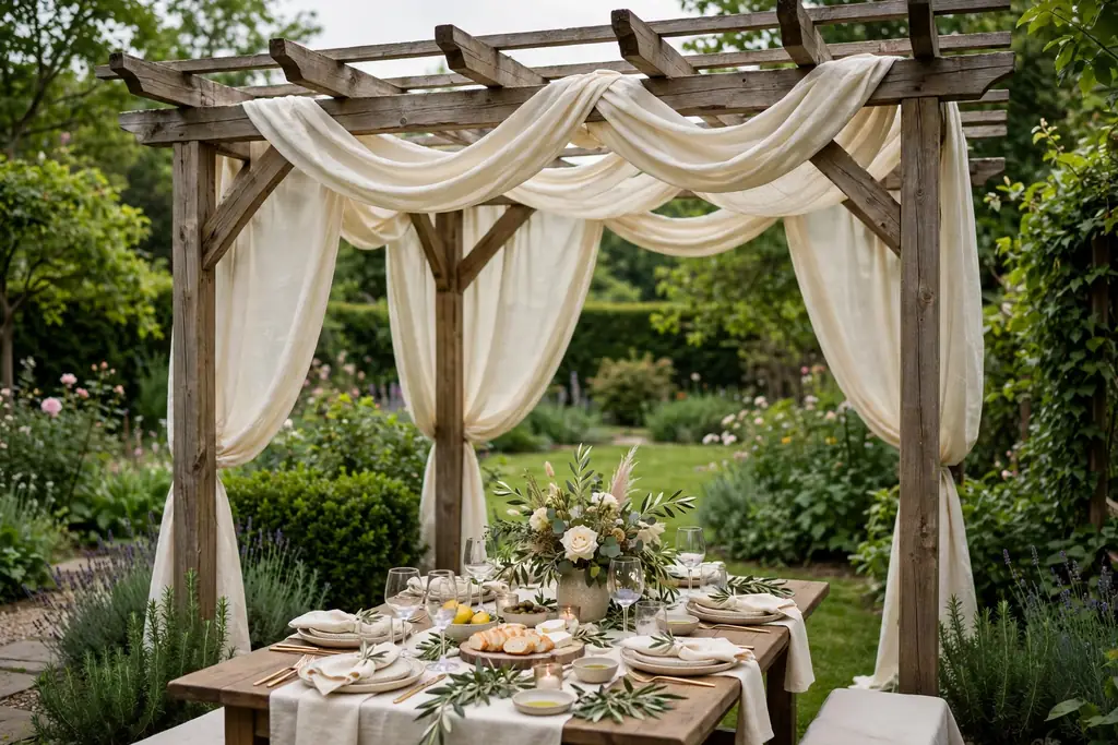 Garden pergola draped with pale fabric over a set party table in daylight.