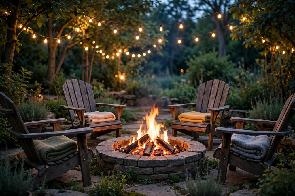 Garden fire pit with chairs around it and blankets at dusk.