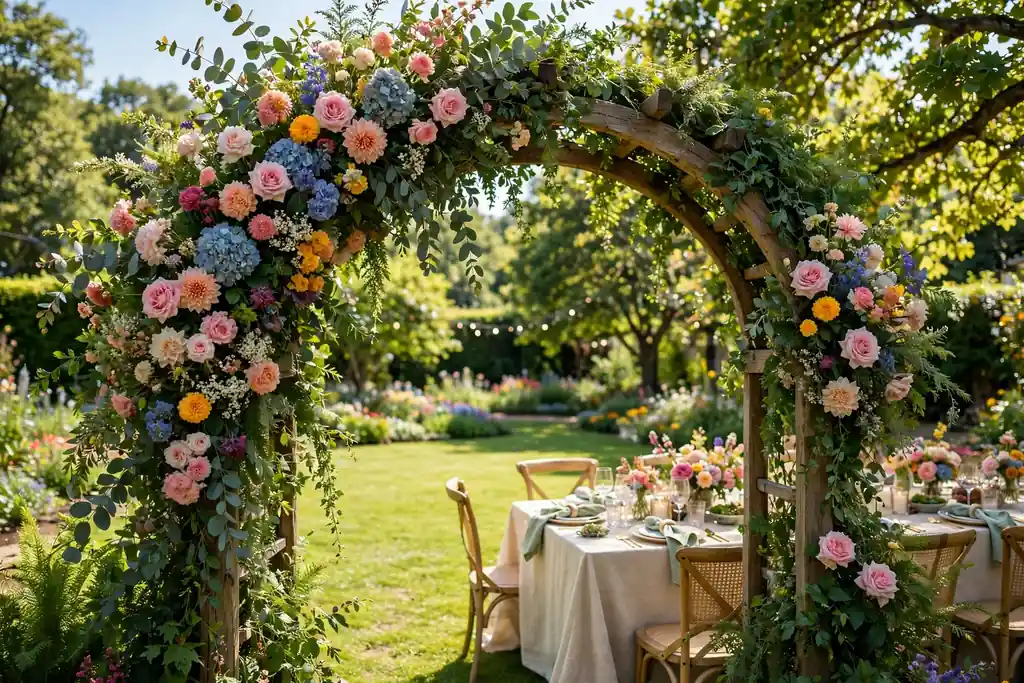 Flower arch with greenery and blooms at a garden party entrance.