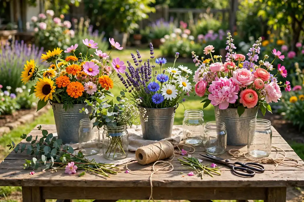 Outdoor table with buckets of fresh flowers, jars, twine, and snips for making bouquets.