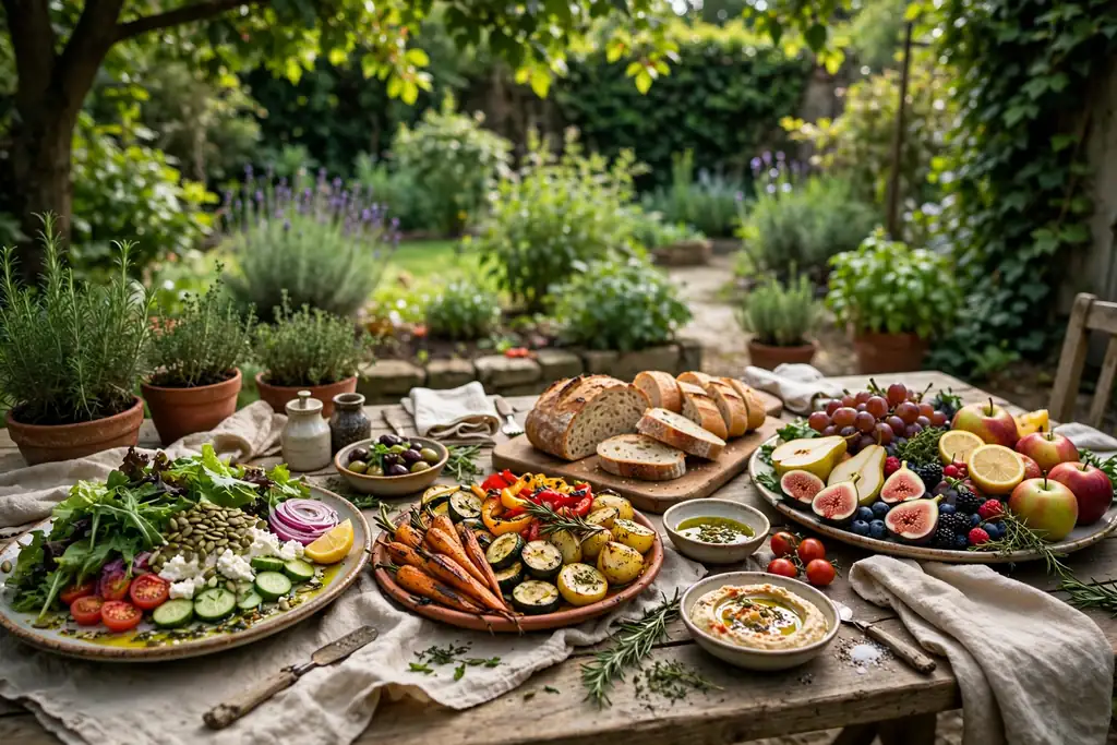 Sharing table with large platters of salad, bread, roasted vegetables, and fruit in a shaded garden.