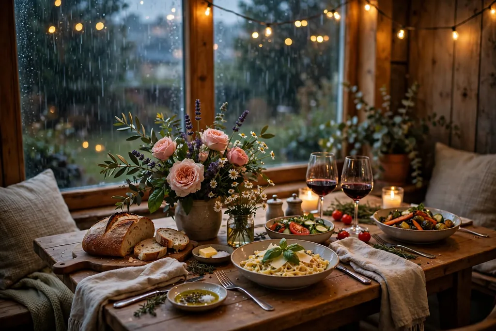Indoor table dressed with garden flowers and string lights for a party moved inside by rain.