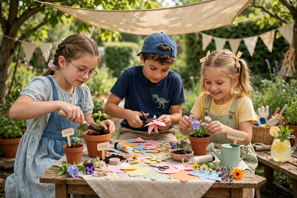 Small shaded table where children plant seedlings and craft at a garden party.