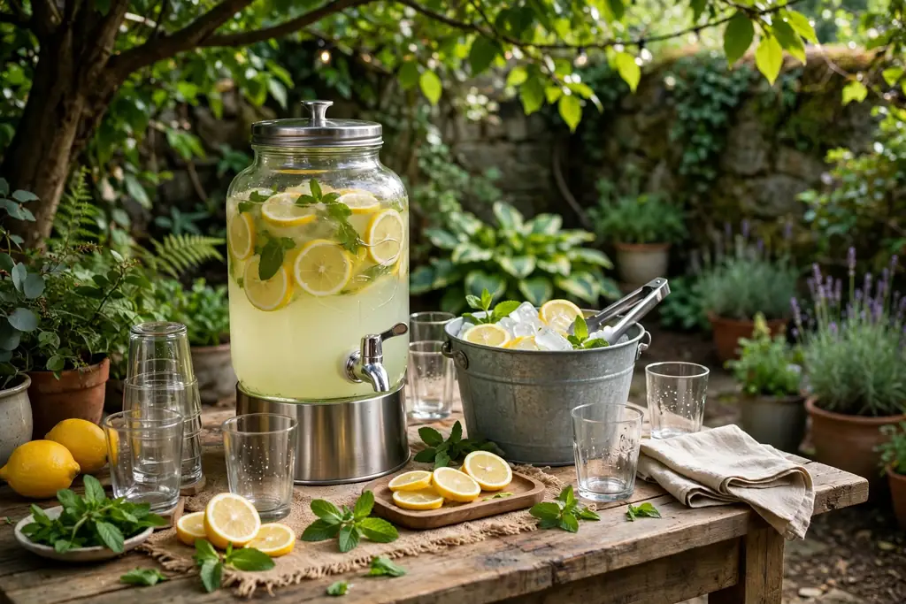 Outdoor drink station with a lemonade dispenser, glasses, mint, and lemon slices.