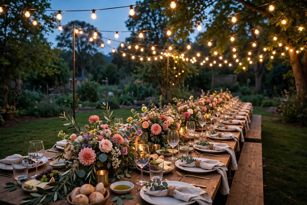 Long garden table set for a party under hanging string lights at dusk.