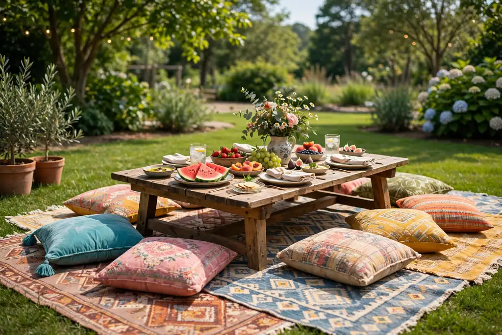 Low picnic table with floor cushions and layered rugs on a sunny lawn.