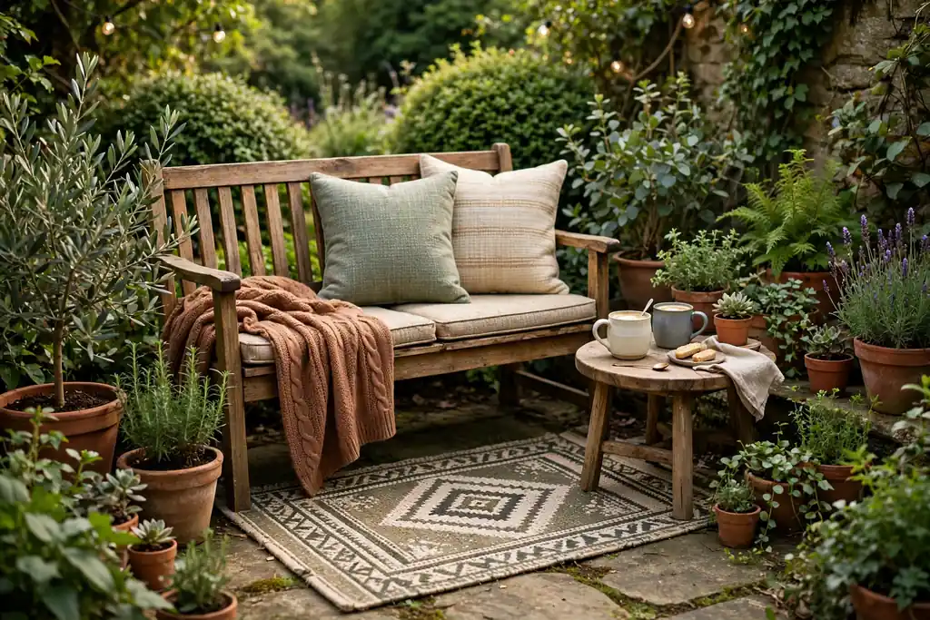 Cozy garden seating nook with an outdoor rug, bench, cushions, and a small side table.