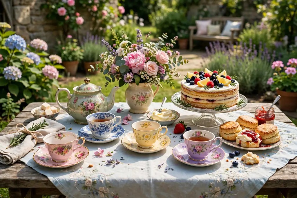 Garden tea table with mismatched vintage cups, a teapot, scones, and a cake stand.
