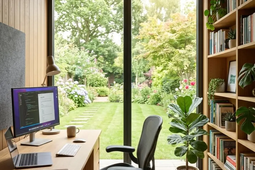 Garden studio interior set up as one dedicated office with a desk, chair, and shelving.