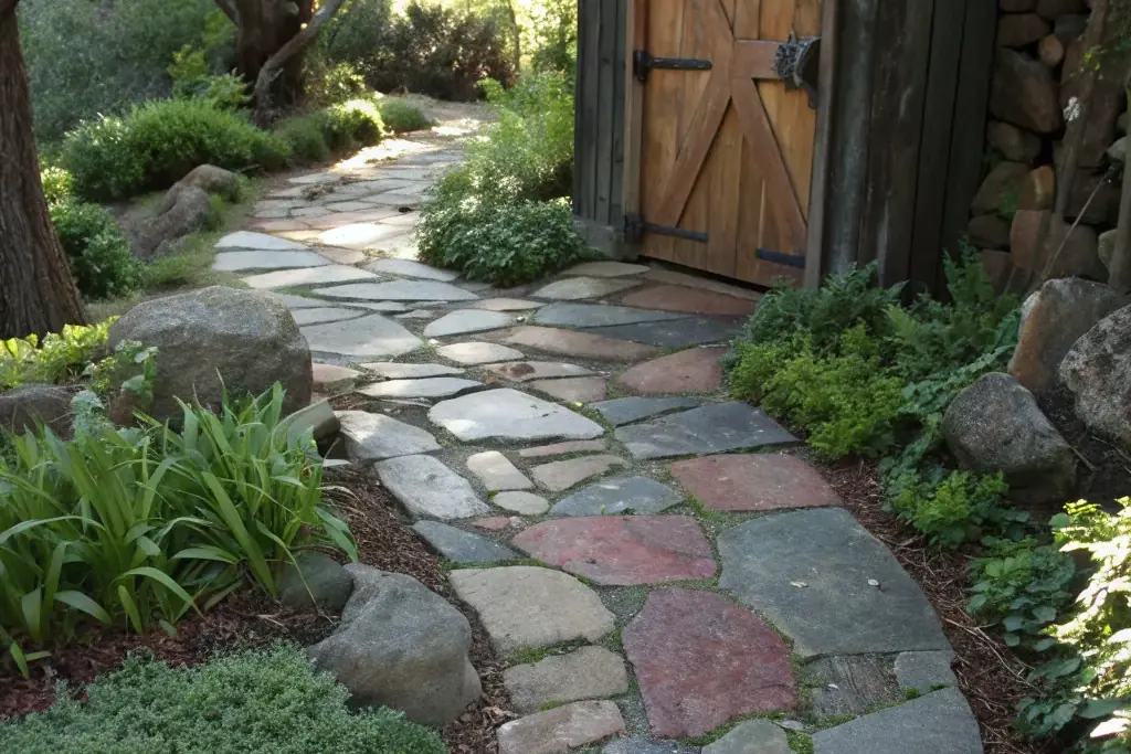 Stone path leading through planting to a small garden studio door.